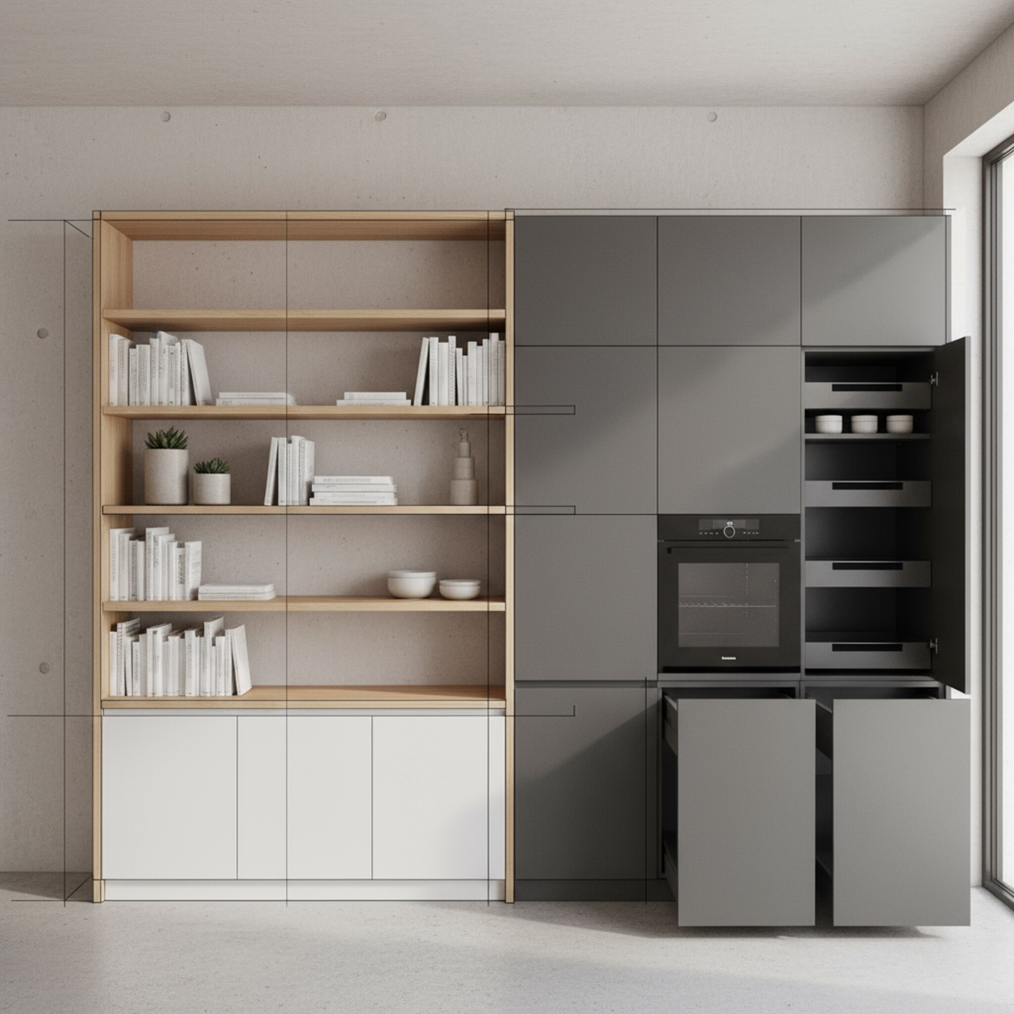 Cum sunt detaliate rafturile, dulapurile și alte piese de mobilier fix în proiect?